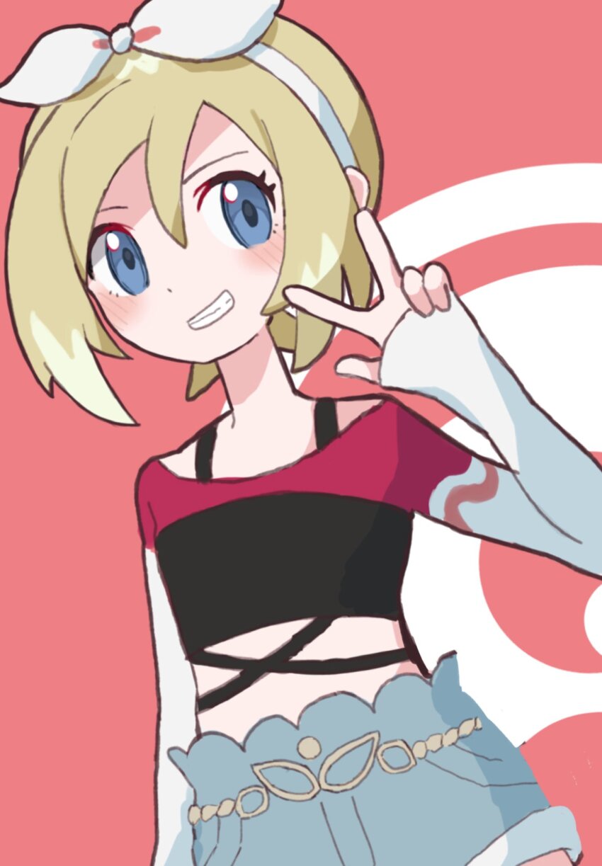 1girl 67wk317 blonde_hair blue_eyes blue_shorts blush bow bow_hairband hair_between_eyes hairband highres irida_(pokemon) irida_(special_costume)_(pokemon) long_sleeves looking_at_viewer midriff nintendo official_alternate_costume pokemon pokemon_masters_ex red_background shirt short_hair shorts smile solo teeth upper_body w white_bow white_hairband