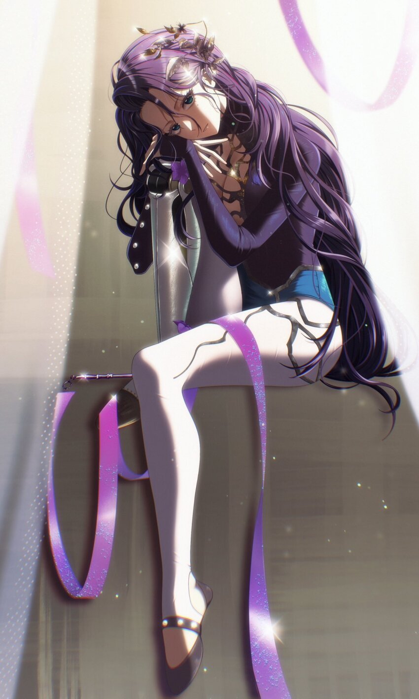 1girl athletic_leotard blue_eyes breasts cleavage cleavage_cutout clothing_cutout full_body glint grey_shoes hair_ornament hands_on_own_knee head_on_knee head_rest highres knee_up leaf_hair_ornament leotard long_hair milmil7 mole mole_under_eye pantyhose prosthesis prosthetic_leg purple_hair purple_leotard purple_ribbon reverse:1999 ribbon shoes sitting solo white_pantyhose willow_(reverse:1999)