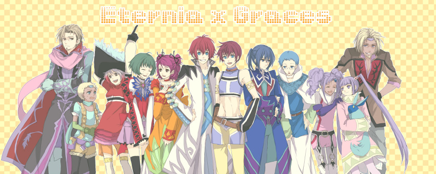 6+boys 6+girls asbel_lhant asbel_lhant_(cosplay) bad_id bad_pixiv_id blue_shirt brothers chat_(cosplay) chat_(tales) cheria_barnes cheria_barnes_(cosplay) copyright_name cosplay costume_switch crossover farah_oersted farah_oersted_(cosplay) fog_(tales) fog_(tales)_(cosplay) highres hubert_ozwell hubert_ozwell_(cosplay) iccan keele_zeibel keele_zeibel_(cosplay) long_image malik_caesars malik_caesars_(cosplay) meredy_(cosplay) meredy_(tales) multiple_boys multiple_girls o-ring pascal_(tales) pascal_(tales)_(cosplay) purple_skirt quickie_(tales) reid_hershel reid_hershel_(cosplay) shirt siblings skirt sophie_(tales) sophie_(tales)_(cosplay) tales_of_(series) tales_of_eternia tales_of_graces two_side_up wide_image yellow_background