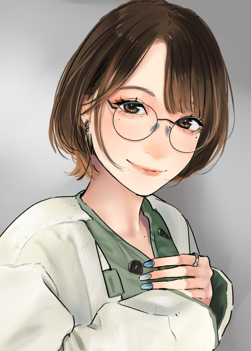 1girl black-framed_eyewear brown_hair closed_mouth earrings glasses grey_background highres jewelry lips lipstick long_sleeves makeup mole mole_under_eye nail_polish original ring round_eyewear saitou_(lynx-shrike) shirt short_hair smile solo white_shirt