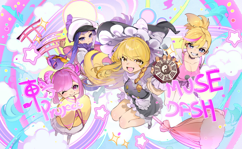 4girls absurdres apron blonde_hair blue_hair bow braid breasts broom broom_riding buro_(muse_dash) buro_(zombie_girl)_(muse_dash) chinese_clothes cleavage crossover double_bun frills hair_bow hair_bun hands_in_opposite_sleeves hat hat_bow highres instrument jacket kirisame_marisa large_breasts long_hair long_sleeves marija_(muse_dash) marija_(violinist)_(muse_dash) mini-hakkero multicolored_hair multiple_girls muse_dash official_art orange_hair pink_hair rin_(bassist)_(muse_dash) rin_(muse_dash) rosele short_sleeves side_braid single_braid skirt star_(symbol) streaked_hair tank_top thighs torii touhou waist_apron witch_hat yellow_eyes