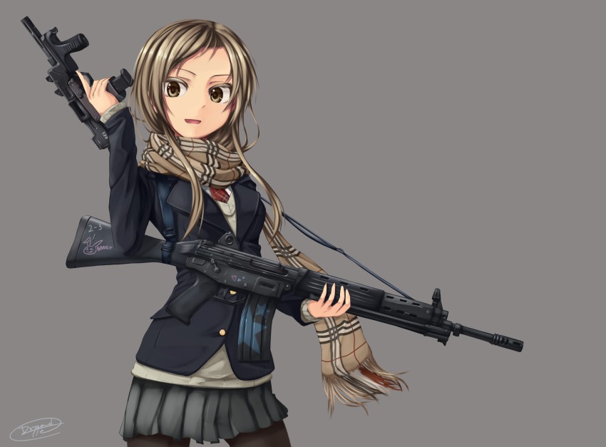 1girl assault_rifle bad_id bad_pixiv_id brown_eyes brown_hair colored_eyelashes dreadtie female_focus gun gun_sling handgun highres holding holding_gun holding_weapon howa_type_89 kawase_ai long_hair looking_at_viewer machine_pistol minebea_pm-9 original pantyhose parted_lips pistol rifle scarf school_uniform simple_background smile solo submachine_gun trigger_discipline vertical_forward_grip weapon