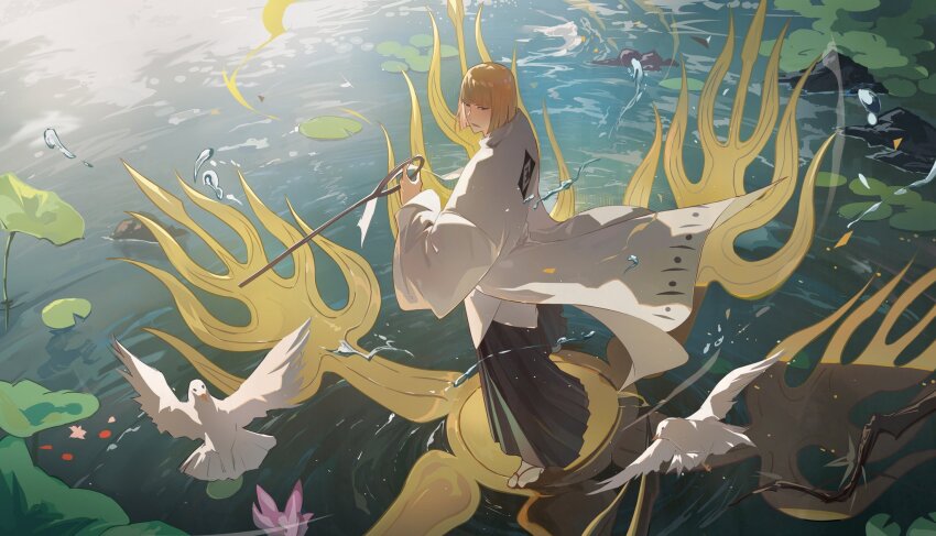 1boy backlighting bankai bird black_hakama bleach bleach:_sennen_kessen-hen blonde_hair blooming blunt_bangs blunt_ends bob_cut commentary_request day floating_clothes from_above full_body hakama hand_up haori highres hirako_shinji holding holding_sword holding_weapon japanese_clothes long_sleeves male_focus outdoors parted_lips ripples sakashima_yokoshima_happoufusagari short_hair solo standing standing_on_liquid sword tabi taichou_haori tsurime water water_drop weapon white_bird wide_sleeves zzz_zhi_he