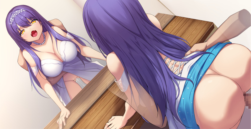1boy 1girl alternate_costume arm_support ass bare_shoulders black_hair breasts censored cleavage collarbone commentary_request commission cowboy_shot creek_(moon-sky) curvy dress dutch_angle flower flower_wreath grabbing_from_behind grey_background hair_between_eyes head_wreath hetero highres indoors jewelry kushima_kamome large_breasts long_hair looking_at_viewer mirror mosaic_censoring necklace off-shoulder_dress off_shoulder open_mouth pearl_necklace pussy_juice reflection saliva sex sex_from_behind simple_background skeb_commission solo_focus straight_hair summer_pockets tongue vaginal wedding_dress white_dress white_flower yellow_eyes