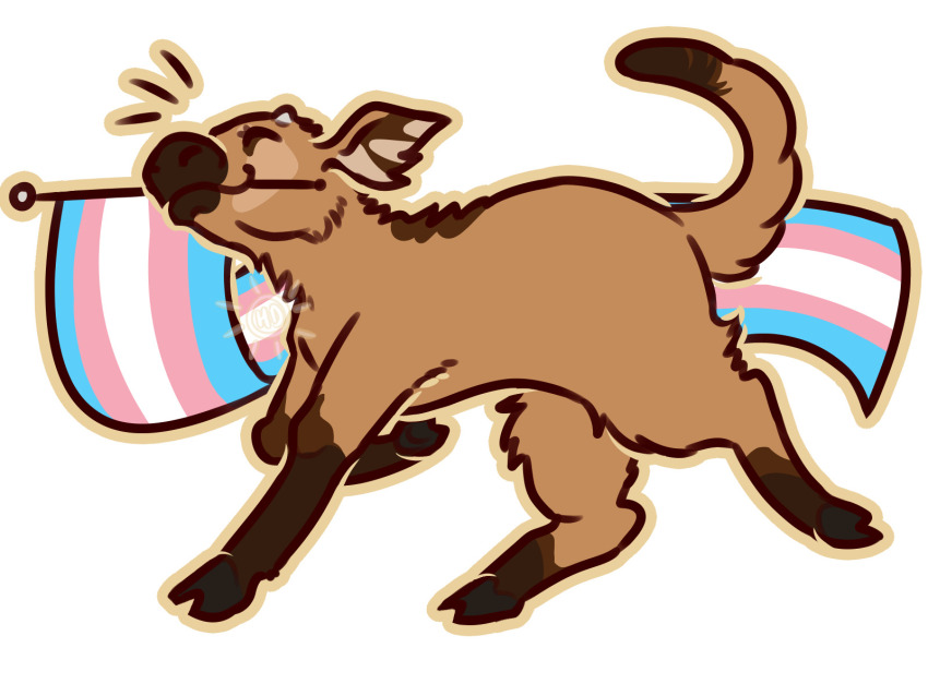 african_forest_buffalo animal animal_focus baby_animal bat-connoisseur border brown_border brown_outline buffalo calf_(animal) closed_eyes commentary cow english_commentary flag full_body highres mouth_hold no_humans notice_lines original outline simple_background transgender_flag watermark white_background