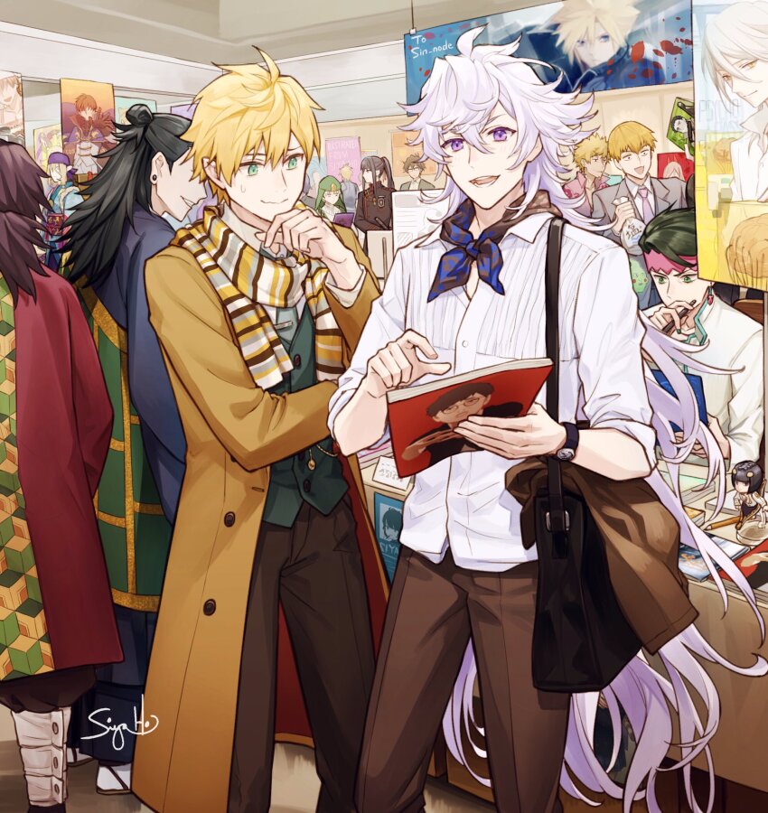 6+boys arthur_pendragon_(fate) arthur_pendragon_(fgo_fes._2018)_(fate) bag book character_request cloud_strife copyright_request diamond_wa_kudakenai final_fantasy final_fantasy_vii highres holding holding_book jojo_no_kimyou_na_bouken kimetsu_no_yaiba kishibe_rohan kusuriuri_(mononoke) looking_at_object looking_at_viewer merlin_(fate) mob_psycho_100 multiple_boys ponytail sakurai_takahiro satchel scarf signature siya_ho striped_clothes striped_scarf sweatdrop voice_actor_connection
