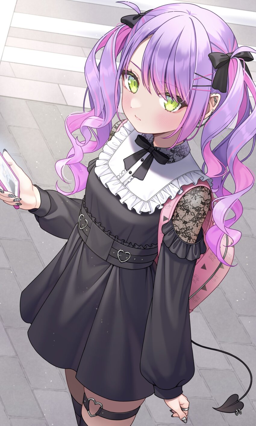 1boy absurdres alternate_costume backpack bag bib black_dress blush cellphone closed_mouth colored_inner_hair demon_tail dress from_above green_eyes hair_ornament hair_rings hairclip heart heart_o-ring highres holding holding_phone hololive jirai_kei lace_sleeves long_hair looking_at_viewer multicolored_hair nail_polish o-ring o-ring_top official_alternate_hairstyle outdoors phone piercing pink_bag pink_hair pointy_ears purple_hair short_dress smartphone smile solo tail tail_ornament tail_piercing tokoyami_towa tomozu twintails virtual_youtuber wing_hair_ornament