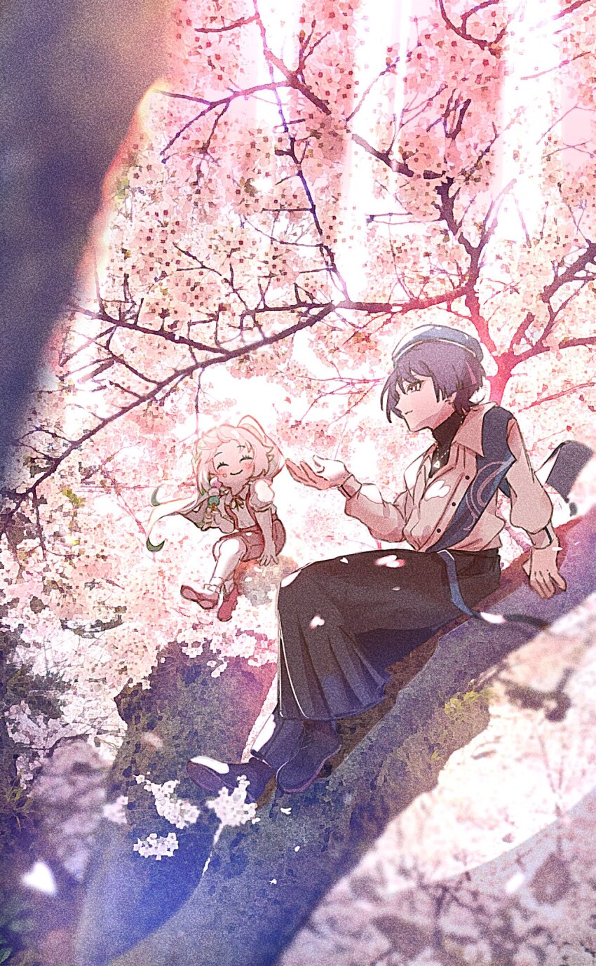 1boy 1girl 8ajaj8 alternate_costume arm_at_side arm_support beret black_boots black_hair black_pants black_shirt black_undershirt blouse blue_hat blunt_ends boots cherry_blossoms closed_eyes closed_mouth collared_shirt colored_tips dango eyelashes facing_another food food_on_face genshin_impact gold_necklace green_hair grey_shorts hair_pulled_back half_crown_braid hand_up hat highres holding holding_food jewelry lace-up_boots long_hair long_sleeves multicolored_hair nahida_(genshin_impact) necklace official_alternate_costume open_hands outdoors pants pink_shoes puffy_sleeves purple_hair sanshoku_dango scaramouche_(genshin_impact) shirt shoes shorts side_ponytail sidelocks sitting_on_branch smile socks streaked_hair suspender_shorts suspenders turtleneck turtleneck_shirt wagashi wanderer_(genshin_impact) wanderer_(wanderer_impression)_(genshin_impact) white_hair white_shirt white_sleeves white_socks wing_collar