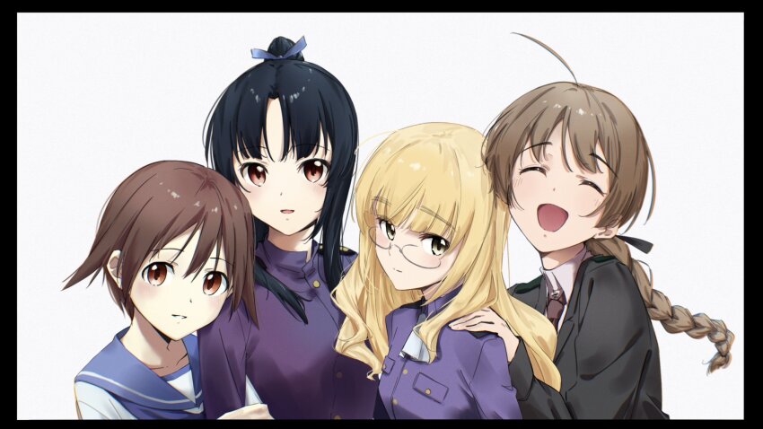4girls black_hair black_jacket blonde_hair blue_jacket braid brown_eyes brown_hair closed_eyes happy hattori_shizuka highres hmd_1800 jacket long_hair looking_at_viewer lynette_bishop military military_uniform miyafuji_yoshika multiple_girls neckerchief necktie open_mouth perrine_h._clostermann school_uniform shirt short_hair simple_background single_braid smile strike_witches upper_body white_background white_neckerchief white_shirt world_witches_series yellow_eyes