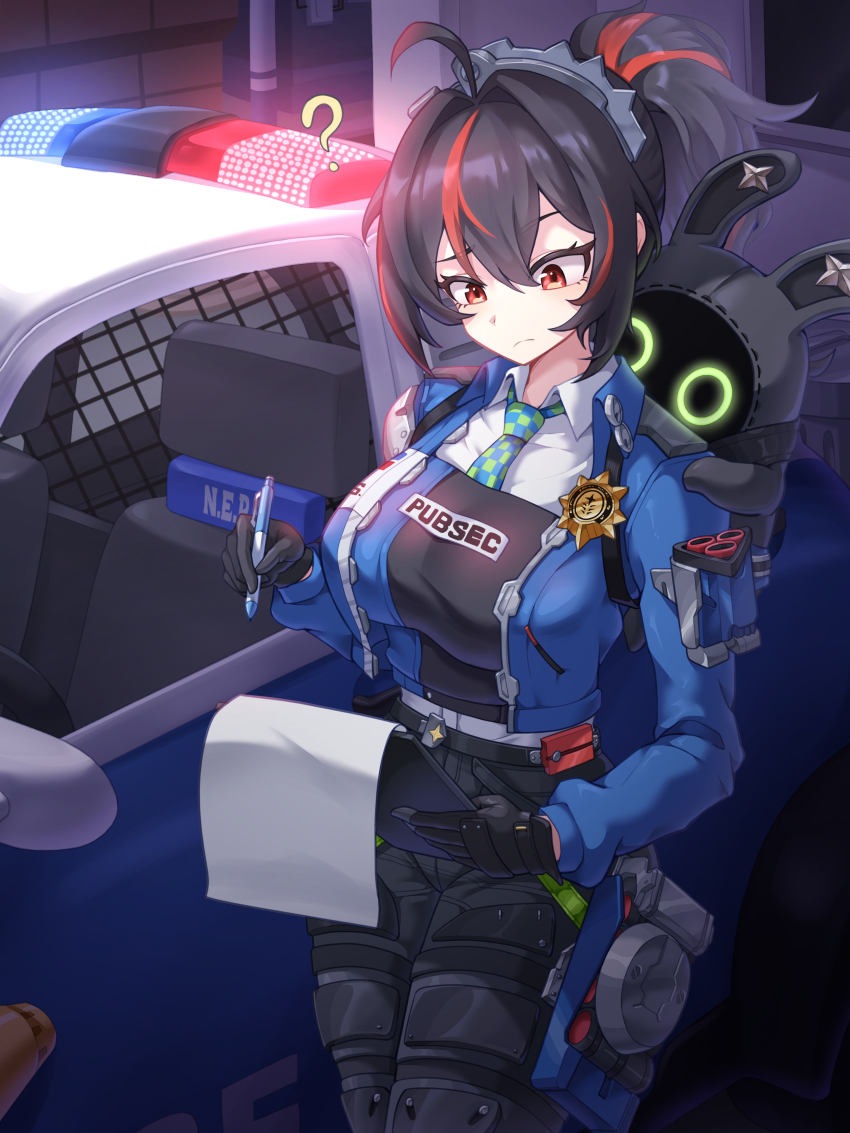1girl ? absurdres black_gloves black_hair blue_jacket breasts car checkered_necktie clipboard closed_mouth ekal_001 gloves high-waist_pants highres holding holding_clipboard holding_pen jacket large_breasts metal_hairband motor_vehicle multicolored_hair necktie pants pen police police_badge police_car police_uniform policewoman ponytail red_eyes red_hair securityboo_(zenless_zone_zero) solo streaked_hair zenless_zone_zero zhu_yuan