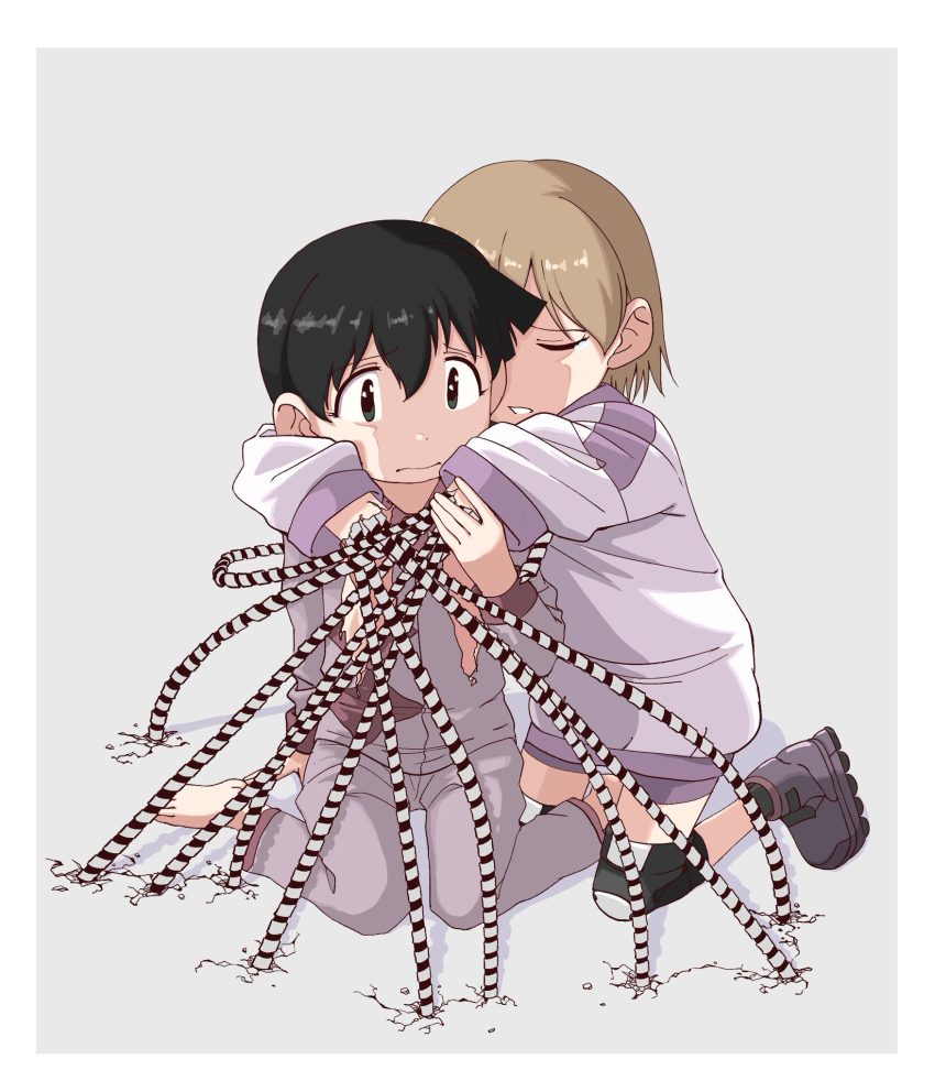 alien_nine barefoot black_eyes black_hair border brown_hair closed_eyes closed_mouth crack cracked_floor grey_background grey_pants grey_shirt gym_uniform hand_on_another&#039;s_arm highres hug hug_from_behind inline_skates kawamura_kumi knee_pads kneeling long_sleeves mitsuo252 nervous ootani_yuri open_mouth pajamas pants purple_shirt roller_skates shirt short_hair simple_background sitting skates spoilers tentacle_arm tentacles wariza white_border