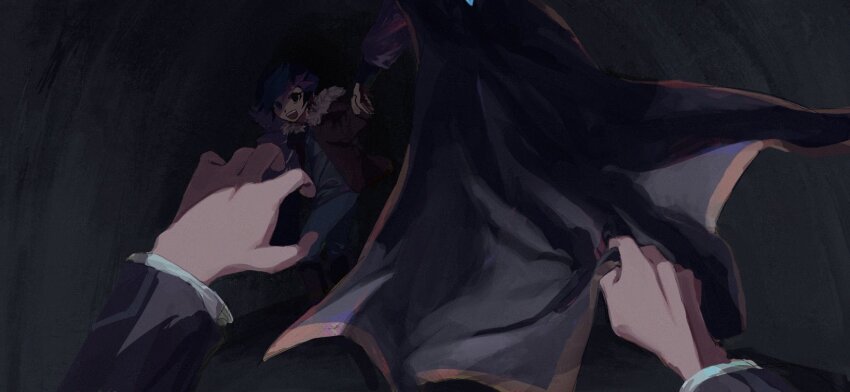 2boys aged_down ai_(yu-gi-oh!) alternate_form android black_cape black_jacket blue_hair blue_pants boots brown_boots brown_jacket cape colored_bangs facing_away facing_to_the_side fleeing fujiki_yusaku green_eyes grey_shirt happy highres holding_hands indoors jacket looking_back male_focus multiple_boys novale110 open_clothes open_hand open_jacket open_mouth outstretched_arm outstretched_arms pants pov purple_shirt running shirt spiked_hair tunnel turning_head underground yu-gi-oh! yu-gi-oh!_vrains