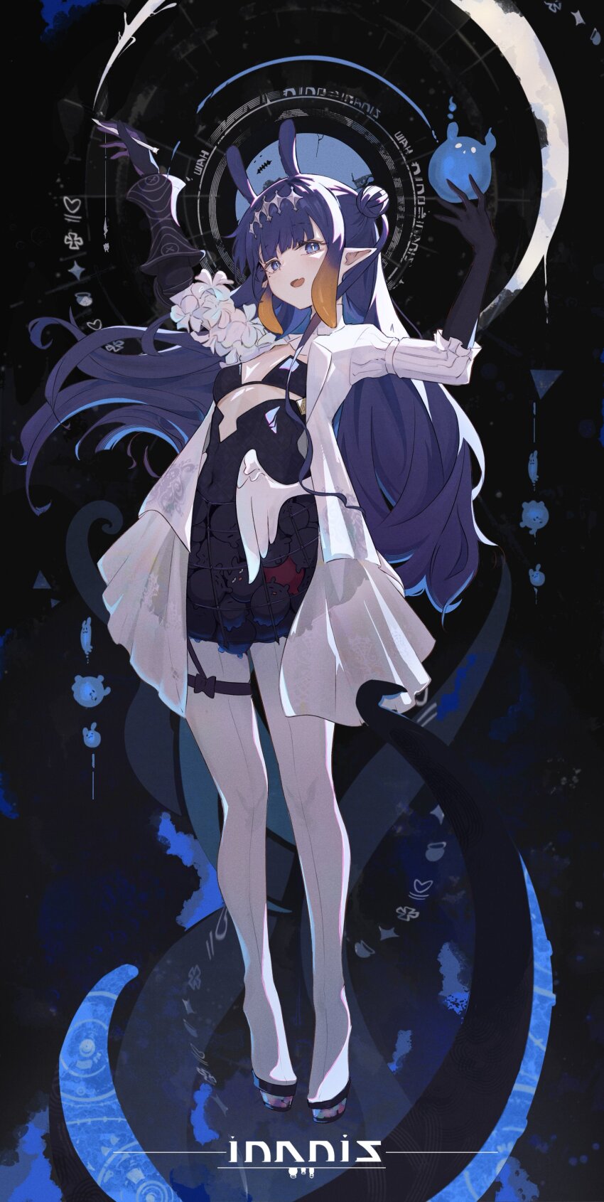 1girl absurdres black_gloves blunt_bangs boots breasts character_name clothing_cutout crinoline dress dress_flower flower gauntlets gloves gradient_hair hair_ornament hands_up high_heel_boots high_heels highres hololive hololive_english layered_dress long_hair looking_at_viewer multicolored_hair ninomae_ina&#039;nis ninomae_ina&#039;nis_(ina_the_hero) platform_boots pointy_ears purple_eyes purple_hair see-through_clothes see-through_skirt simuyutou single_gauntlet skirt small_breasts stomach_cutout takodachi_(ninomae_ina&#039;nis) tentacle_hair thigh_strap virtual_youtuber white_boots white_dress
