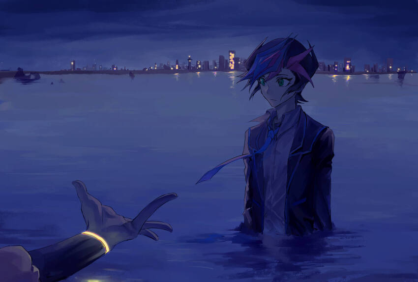 1boy arms_at_sides black_hair black_wrist_cuffs blue_necktie blue_sky boat bracelet building city city_lights cityscape colored_bangs dress_shirt evening facing_another facing_to_the_side fujiki_yusaku glowing glowing_clothes green_eyes highres horizon in_water jacket jewelry looking_at_another looking_to_the_side loose_necktie male_focus necktie night novale110 ocean offering_hand open_clothes open_hand open_jacket outdoors outstretched_arm purple_shirt school_uniform shirt sky skyline spiked_hair wading watercraft wet wet_clothes white_shirt wind wrist_cuffs yu-gi-oh! yu-gi-oh!_vrains