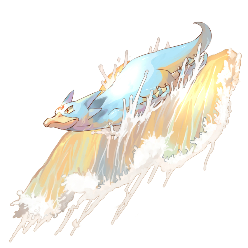 animal_focus closed_mouth dlitw forehead_jewel full_body gen_1_pokemon golduck highres nintendo no_humans pokemon pokemon_(creature) red_eyes simple_background solo swimming water webbed_hands white_background