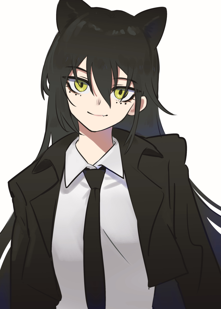 1girl absurdres aiv animal_ears arknights black_hair black_jacket black_necktie closed_mouth collared_shirt commentary dagda_(arknights) green_eyes hair_between_eyes highres jacket long_hair looking_at_viewer necktie open_clothes open_jacket shirt simple_background smile solo upper_body white_background white_shirt