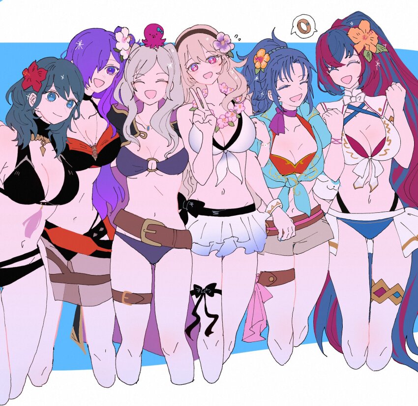 6+girls female_alear_(fire_emblem) alternate_costume bikini black_bikini blue_bikini breasts cleavage female_corrin_(fire_emblem) female_corrin_(novice_vacationer)_(fire_emblem) criss-cross_halter crossed_bangs female_alear_(fire_emblem) female_alear_(seaside_dragon)_(fire_emblem) female_byleth_(fire_emblem) female_byleth_(summer)_(fire_emblem) female_kris_(fire_emblem) female_robin_(fire_emblem) female_robin_(seaside_tactician)_(fire_emblem) female_shez_(fire_emblem) female_shez_(summer)_(fire_emblem) fire_emblem fire_emblem:_mystery_of_the_emblem fire_emblem:_new_mystery_of_the_emblem fire_emblem:_three_houses fire_emblem_awakening fire_emblem_engage fire_emblem_fates fire_emblem_heroes fire_emblem_warriors:_three_hopes flower gluteal_fold hair_flower hair_ornament hair_over_one_eye halterneck hibiscus highres large_breasts long_hair medium_breasts multicolored_bikini multicolored_hair multicolored_swimsuit multiple_girls navel nintendo official_alternate_costume official_alternate_hairstyle purple_bikini purple_eyes purple_hair red_bikini sasaki_(dkenpisss) shorts split-color_hair stomach swimsuit trait_connection underboob white_bikini
