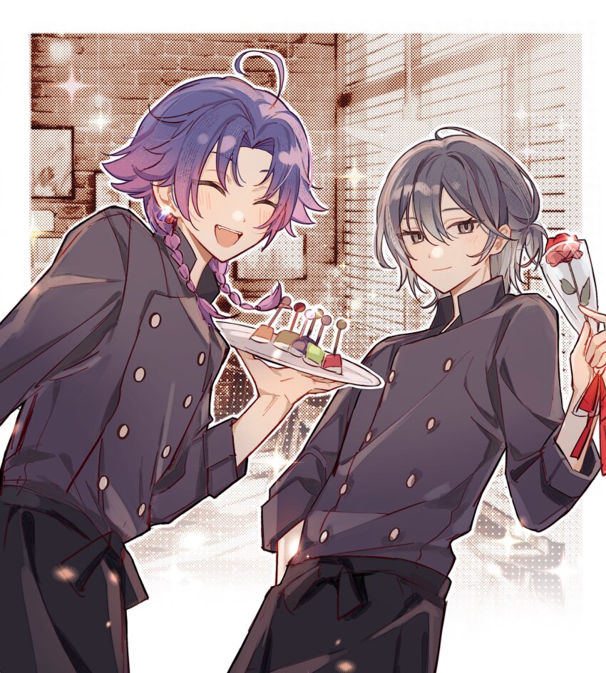 18trip 2boys ahoge apron arm_up black_apron black_shirt blush border braid buttons closed_eyes commentary cowboy_shot ear_piercing earrings flower food grey_eyes grey_hair hachinoya_nagi hair_behind_ear hair_between_eyes hair_intakes hand_on_own_hip hand_up high_collar highres holding holding_flower holding_tray jewelry looking_at_viewer male_focus multiple_boys open_mouth otorrio parted_bangs piercing ponytail purple_hair red_flower red_ribbon restaurant ribbon shirt short_braid short_ponytail smile sparkle teeth tongue tray twin_braids upper_teeth_only waist_apron waiter white_border yowa_netaro