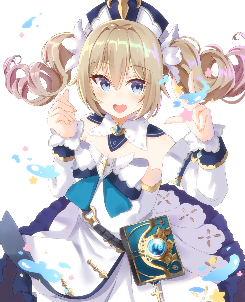 1girl :d absurdres barbara_(genshin_impact) bare_shoulders black_hat blush book bow brown_hair commentary_request detached_sleeves dress fingernails genshin_impact hair_between_eyes hands_up hat highres holmemee hydro_symbol_(genshin_impact) long_hair long_sleeves open_mouth simple_background smile solo strapless strapless_dress teeth twintails upper_teeth_only v vision_(genshin_impact) white_background white_bow white_dress white_sleeves