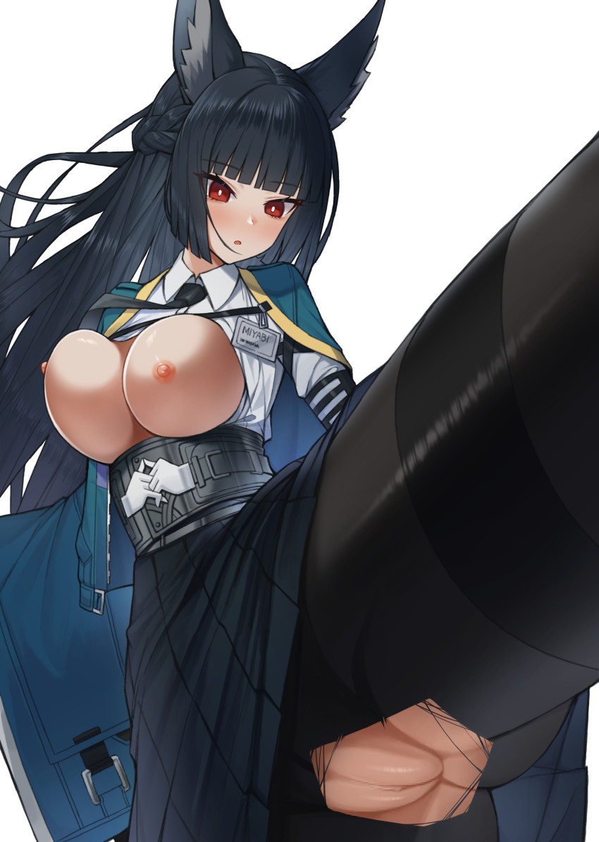 1girl absurdres animal_ear_fluff animal_ears black_gloves black_hair black_pantyhose black_skirt blunt_bangs blush breasts breasts_out dress_shirt fox_ears fox_girl gloves green_jacket hank_(gogaek) high-waist_skirt high_kick highres hoshimi_miyabi jacket jacket_on_shoulders kicking large_breasts long_hair looking_ahead nipples open_mouth paid_reward_available pantyhose pussy red_eyes shirt sidelocks simple_background skirt solo standing torn_clothes torn_pantyhose variant_set white_background white_shirt zenless_zone_zero