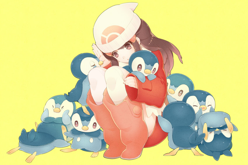 00s 1girl alternate_costume beanie black_hair boots brown_eyes coat dawn_(pokemon) gen_4_pokemon gum_(gmng) gumidemo_kandero hair_ornament hairclip hat long_hair nintendo pink_boots piplup pokemon pokemon_(creature) pokemon_dppt scarf thighhighs white_thighhighs wide_sleeves winter_clothes yellow_background