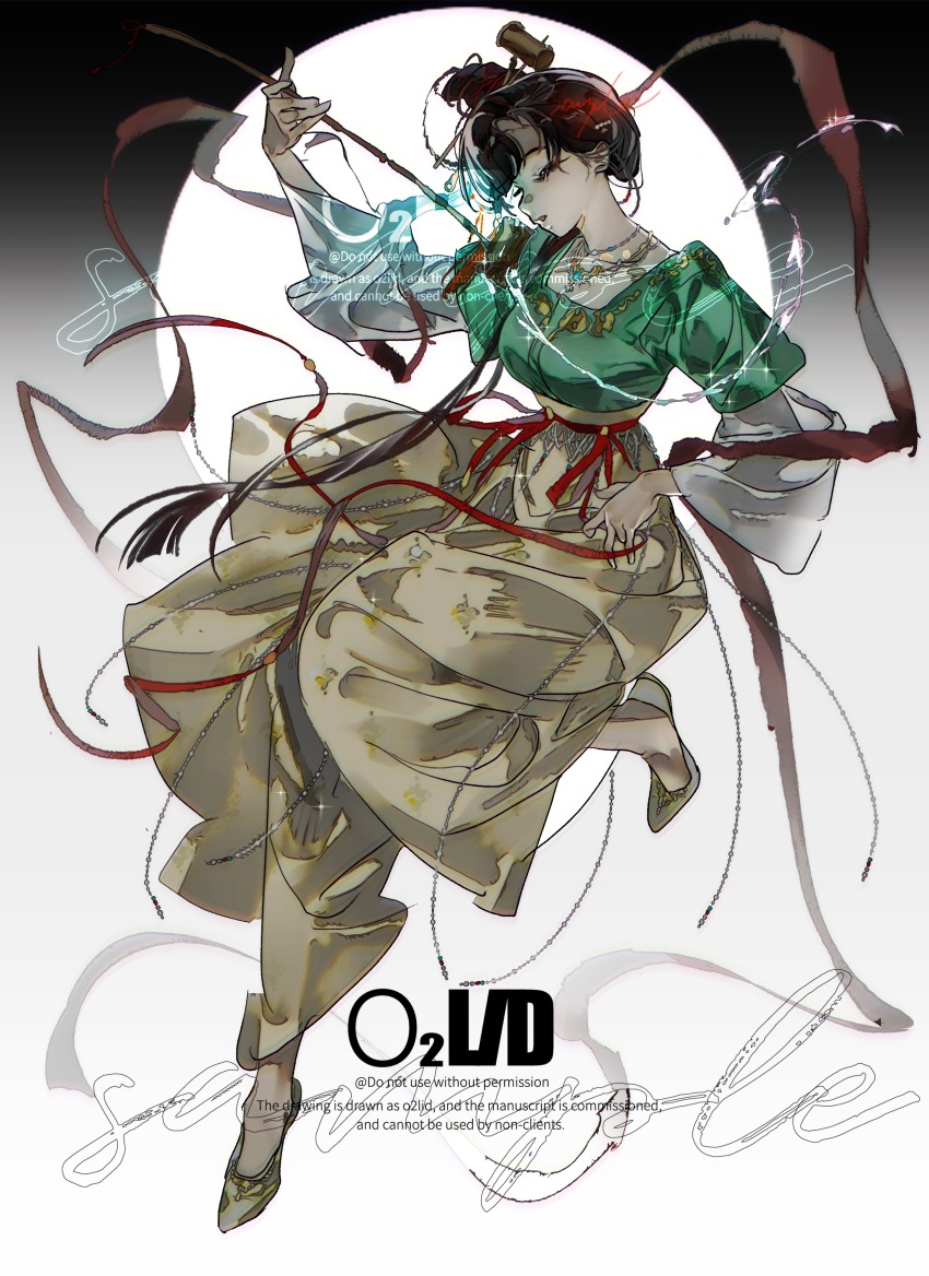 1girl absurdres black_hair brown_hair chinese_clothes chinese_hairpin full_body green_shirt hair_bun hair_ornament hanfu highres jewelry jiu_niangzi layered_sleeves long_sleeves paintbrush_hair_ornament reverse:1999 sample_watermark shirt solo tanling_ruqun tassel tassel_hair_ornament watermark white_background yanghua_gaizi