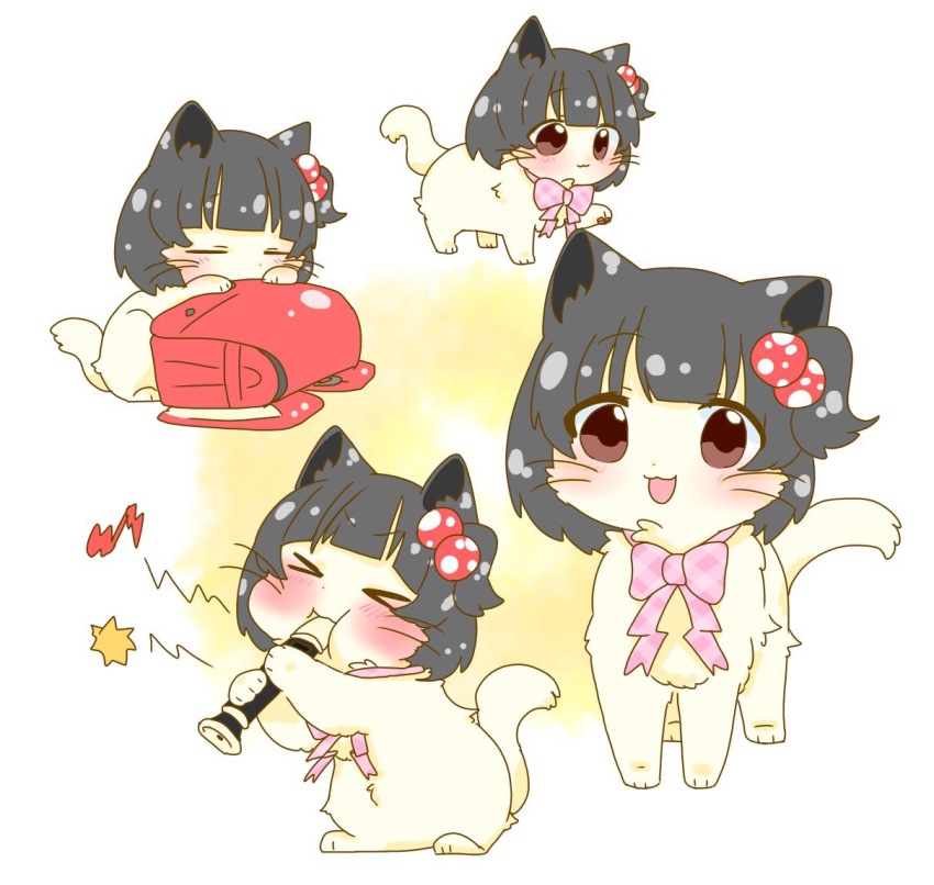 animal animal_focus animalization backpack bag black_hair blush bow bowtie brown_eyes cat closed_eyes closed_mouth flute hair_bobbles hair_ornament hutaba idolmaster idolmaster_million_live! instrument multiple_views music nakatani_iku no_humans one_side_up open_mouth pink_bow pink_bowtie playing_instrument puffy_cheeks randoseru recorder short_hair smile white_background