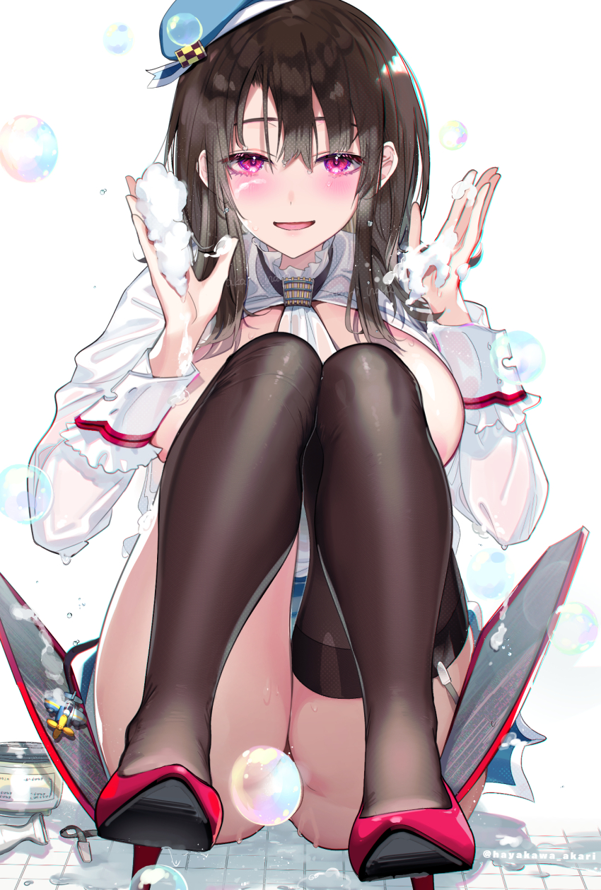 1girl ascot ass beret black_hair black_thighhighs blue_hat breasts breasts_out convenient_leg hat hayakawa_akari high_heels highres kantai_collection large_breasts long_sleeves looking_at_viewer no_bra open_clothes open_shirt purple_eyes rabbit_pose red_footwear shirt short_hair sitting soap_bubbles solo takao_(kancolle) thighhighs white_ascot white_shirt