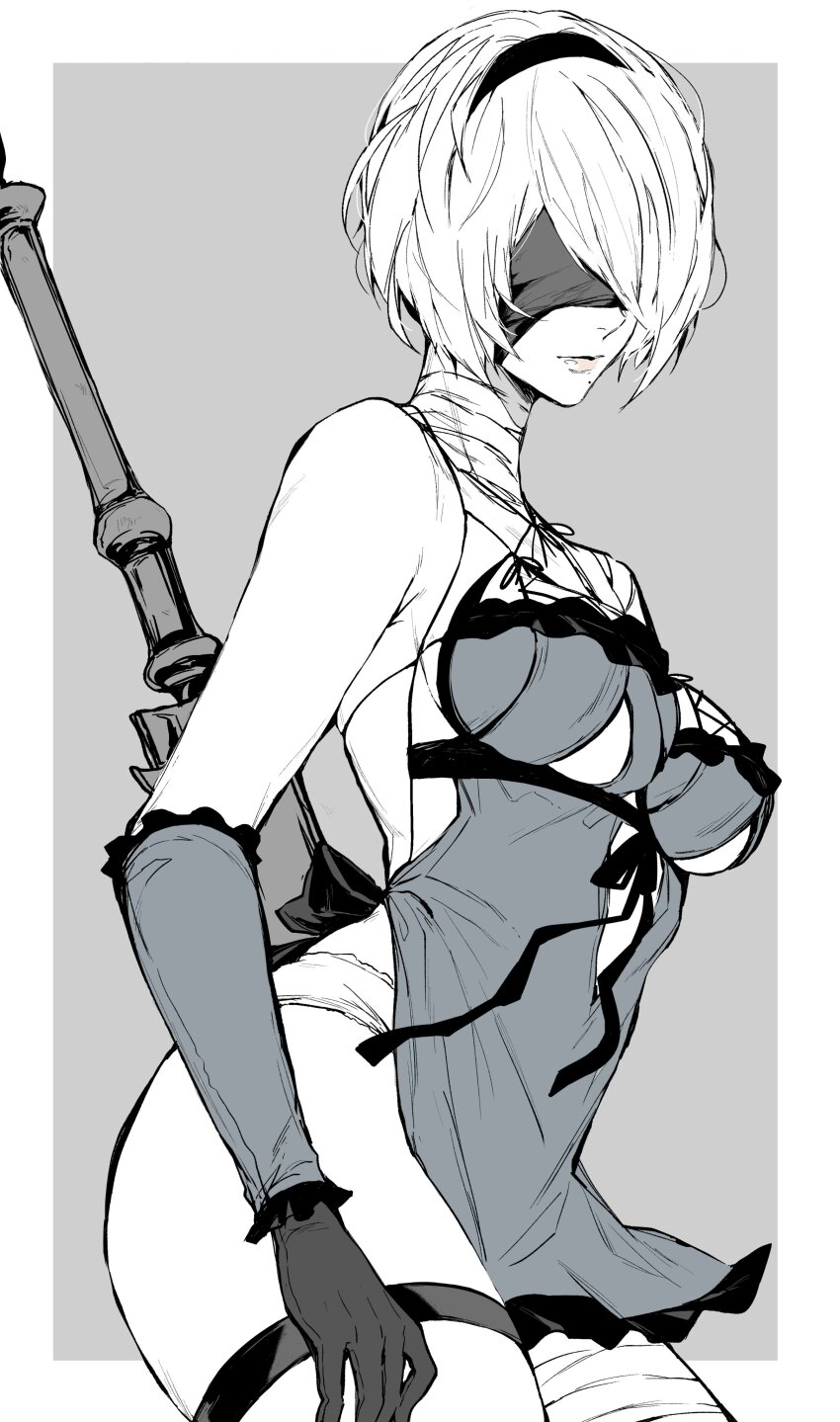 1girl 2b_(nier:automata) absurdres bandage_on_neck bandages bandaid bandaid_on_leg bare_shoulders blindfold breasts closed_mouth commentary_request cosplay frills gloves grey_background greyscale hair_ornament hairband highres kaine_(nier) kaine_(nier)_(cosplay) lingerie lips medium_breasts mole mole_under_mouth monochrome negligee nier nier:automata nier_(series) nishiii26miii short_hair simple_background sleeveless thighhighs thighs underwear weapon
