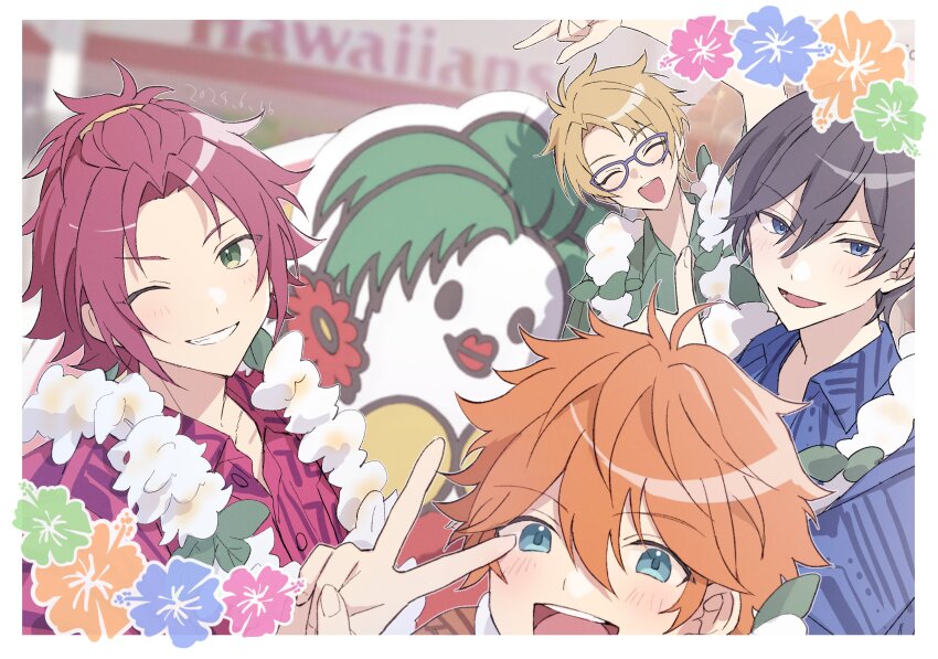 4boys absurdres akehoshi_subaru arm_up black_hair blonde_hair blue_eyes blue_shirt blurry blurry_background border closed_eyes ensemble_stars! flower flower_necklace green_eyes green_shirt hair_between_eyes half_updo hidaka_hokuto highres isara_mao jewelry lei male_focus multiple_boys necklace one_eye_closed open_mouth orange_hair parted_bangs red_eyes red_shirt reijiro shirt short_hair smile trickstar_(ensemble_stars!) upper_body v white_border yuuki_makoto_(ensemble_stars!)