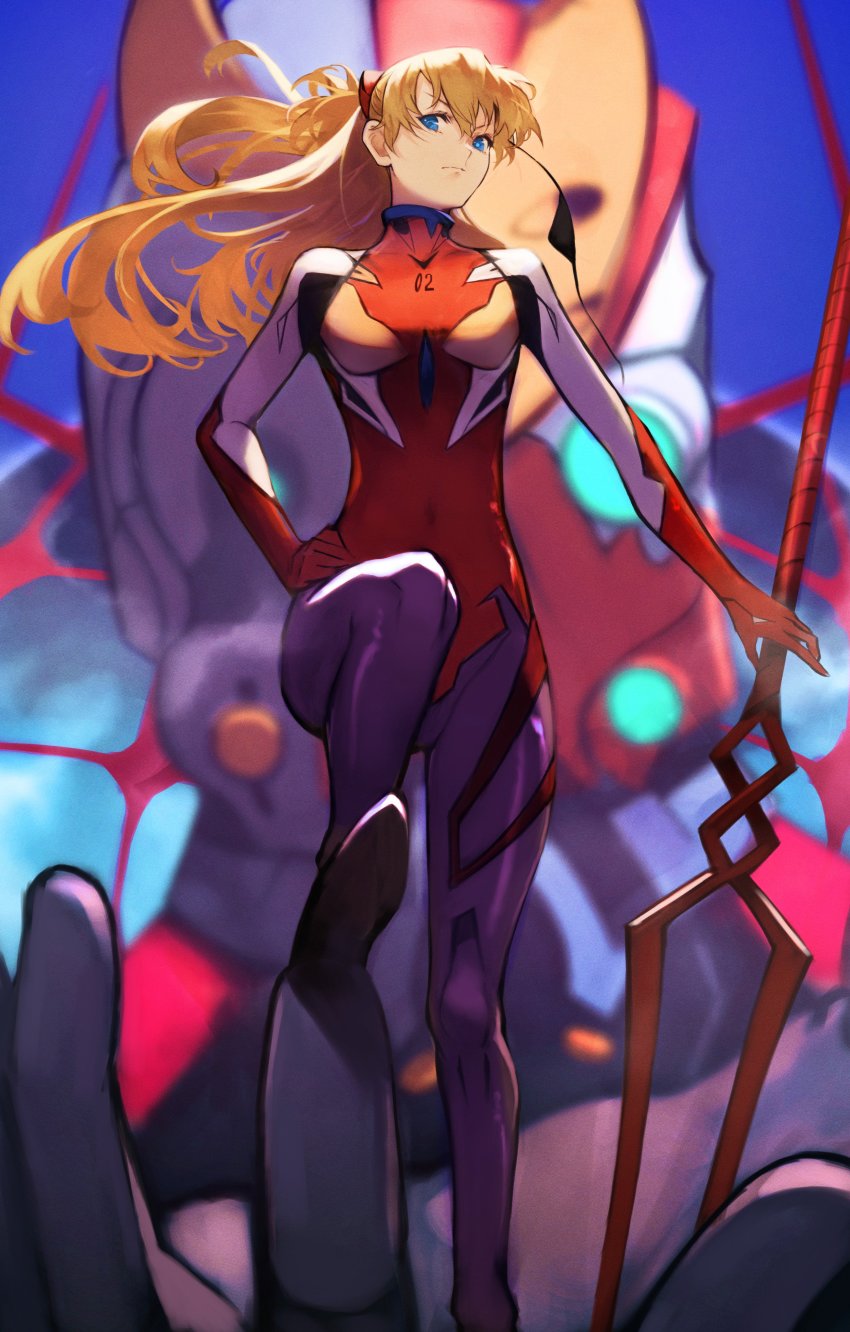 &gt;:( 1girl absurdres aqua_eyes bident black_bodysuit blue_eyes blue_sky blurry blurry_background bodysuit breasts carrying closed_mouth commentary_request day depth_of_field eva_02 evangelion:_3.0_you_can_(not)_redo eyepatch feet_out_of_frame floating_hair foot_out_of_frame from_below gloves hair_between_eyes hand_on_own_hip headgear highres holding holding_weapon interface_headset_(evangelion) lance_of_longinus_(evangelion) legs long_hair looking_at_viewer mecha mecha_pilot_suit multicolored_bodysuit navel neon_genesis_evangelion orange_hair outdoors planted plugsuit_(evangelion) polearm rebuild_of_evangelion red_bodysuit revision robot serious sky small_breasts souryuu_asuka_langley standing stepping turtleneck unworn_eyepatch v-shaped_eyebrows weapon wind yoshio_(55level)