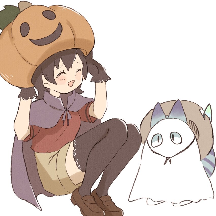 0nanaten 1girl adapted_costume black_hair black_thighhighs blush brown_footwear cape closed_eyes frilled_thighhighs frills grey_shorts hair_between_eyes halloween halloween_costume highres kaban_(kemono_friends) kemono_friends loafers lucky_beast_(kemono_friends) open_mouth pumpkin_hat purple_cape red_shirt shirt shoes short_hair short_sleeves shorts sidelocks sitting smile t-shirt thighhighs