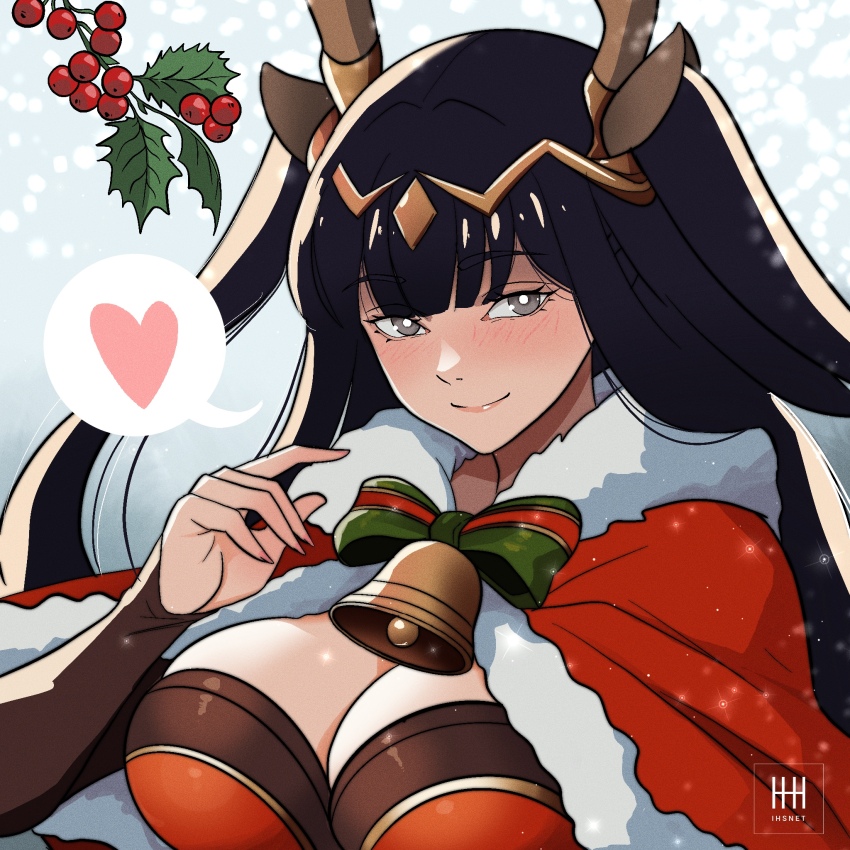 1girl animal_ears antlers artist_name bell black_hair blush breasts cape christmas circlet cleavage commentary deer_ears english_commentary fake_animal_ears fire_emblem fire_emblem_awakening fire_emblem_heroes floating_hair fur-trimmed_cape fur_trim grey_eyes highres horns ihsnet jewelry large_breasts long_hair looking_at_viewer mistletoe neck_bell nintendo official_alternate_costume pink_lips red_cape reindeer_antlers solo tharja_(&quot;normal_girl&quot;)_(fire_emblem) tharja_(fire_emblem) two_side_up