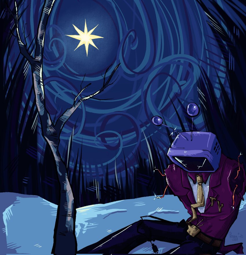 1boy ant_tenna belt belt_buckle black_pants brittlepeggy brown_belt buckle cable clothed_robot collared_shirt commentary cracked_screen crt deltarune electric_plug electric_plug_tail english_commentary highres humanoid_robot male_focus missing_limb necktie object_head outdoors pants radio_antenna robot shirt signature solo tail tailcoat torn_clothes tree utdr_(toby_fox) white_shirt wire yellow_necktie