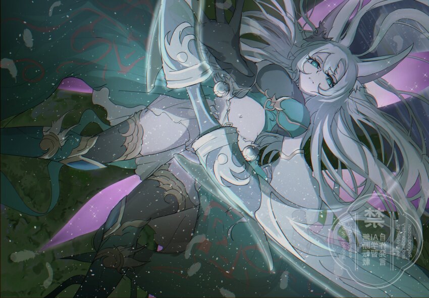 1girl animal_ears apollousa_bow_of_the_goddess black_thighhighs blue_eyes bow_(weapon) breasts duel_monster grey_hair highres large_breasts long_hair muted_color navel reaching reaching_towards_viewer skirt solo thighhighs uragawai watermark weapon white_skirt yu-gi-oh!