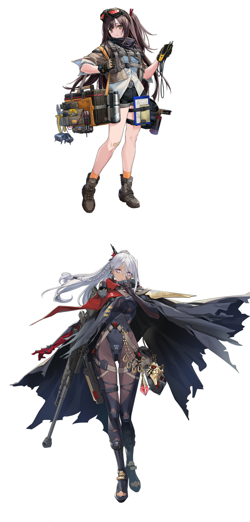2girls absurdres anti-materiel_rifle bag_charm bandaid bandaid_on_knee bandaid_on_leg black_thighhighs blowtorch bodysuit bolt_action boots braid breasts brown_hair cased_tape_measure charm_(object) chinese_commentary clipboard cloak dinergate_(girls&#039;_frontline) earrings eyebrows_hidden_by_hair full_body girls&#039;_frontline girls&#039;_frontline_2:_exilium gloves gluteal_fold goggles goggles_on_head grey_hair gun hair_between_eyes head_tilt highleg highleg_leotard highres index_finger_raised jacket jewelry large_breasts leotard long_bangs long_hair looking_at_viewer loosely_tucked_bangs mask mayling_shen_(girls&#039;_frontline_2) mole mole_under_eye multiple_earrings multiple_girls multiple_views official_art one_side_up orange_socks pliers ponytail purple_eyes red-tinted_eyewear rifle screwdriver shirt shorts side_braid sig_san_511 simple_background single_sidelock sleeves_rolled_up sniper_rifle socks tachi-e tape_measure thermos thighhighs tinted_eyewear toolbox tools weapon white_background white_shirt yitiao_er-hua