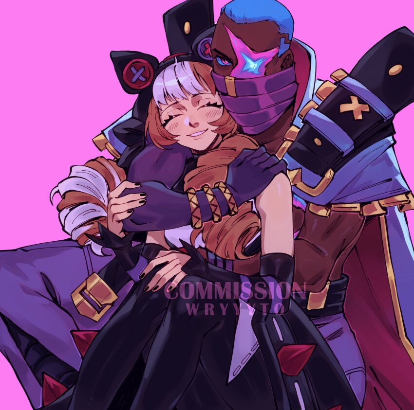 1boy 1girl absurdres bare_shoulders black_nails black_pantyhose blue_hair bracelet brown_hair colored_skin commission dark-skinned_male dark_skin detached_sleeves grey_hair gwen_(league_of_legends) happy highres hood hood_up hug hug_from_behind jewelry league_of_legends long_hair looking_at_viewer mask mouth_mask multicolored_hair nail_polish pants pantyhose pink_background pink_pants pyke_(league_of_legends) short_hair smile soul_fighter_gwen soul_fighter_pyke teeth two-tone_hair watermark wryyyto