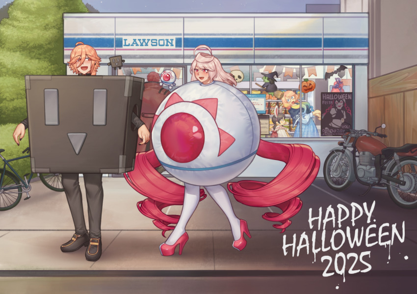 2025 2boys 4girls ahoge akikoloid-chan animal_ear_hairband animal_ears bicycle black_hair black_nails black_pants blonde_hair blue_dress character_request commentary convenience_store cosplay cubi_(vocaloid) cubi_(vocaloid)_(cosplay) curly_hair dress english_commentary facial_mark fake_animal_ears fuiro glasses gradient_hair hair_bun hairband halloween happy_halloween haruno_sora haruno_sora_(voicepeak) high_heels jack-o&#039;-lantern kaai_yuki lawson long_hair low_twintails maika_(vocaloid) motor_vehicle motorcycle multicolored_hair multiple_boys multiple_girls open_mouth pants pink_eyes pink_hair pink_shoes rabbit_ears red_eyes red_hair shg_(hiomaika) shoes shop short_hair skull socks twintails vocaloid voicepeak white_hair white_socks yohioloid