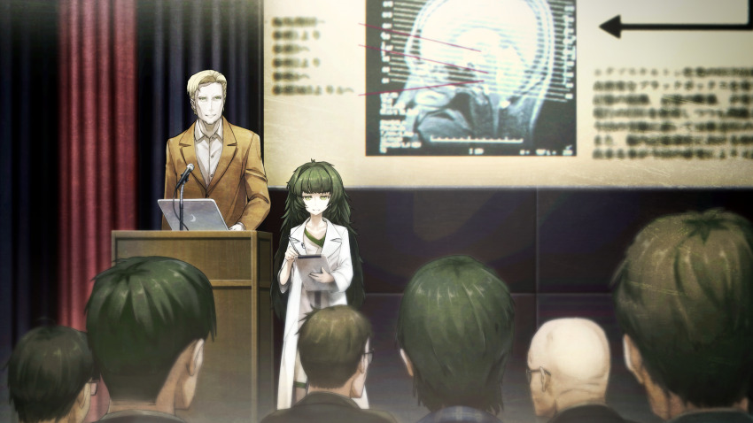 1boy 1girl 6+others alexis_leskinen anatomy bad_tag bald blonde_hair blunt_bangs brain brown_jacket buttons closed_mouth clothing_request coat collar collarbone collared_shirt computer crowd curtains dress flat_chest from_behind game_cg glasses green_collar green_eyes green_hair green_trim grey_dress grin height_difference highres hiyajou_maho holding holding_pen holding_tablet_pc hood hood_down hoodie huke jacket lab_coat lapels laptop long_hair long_sleeves looking_at_another messy_hair microphone multiple_others nape non-web_source notched_lapels official_art pen rabbit_zipper ringed_eyes shirt short_hair smile square_pupils standing steins;gate steins;gate_0 tablet_pc thick_eyebrows very_long_hair very_short_hair white_coat white_shirt