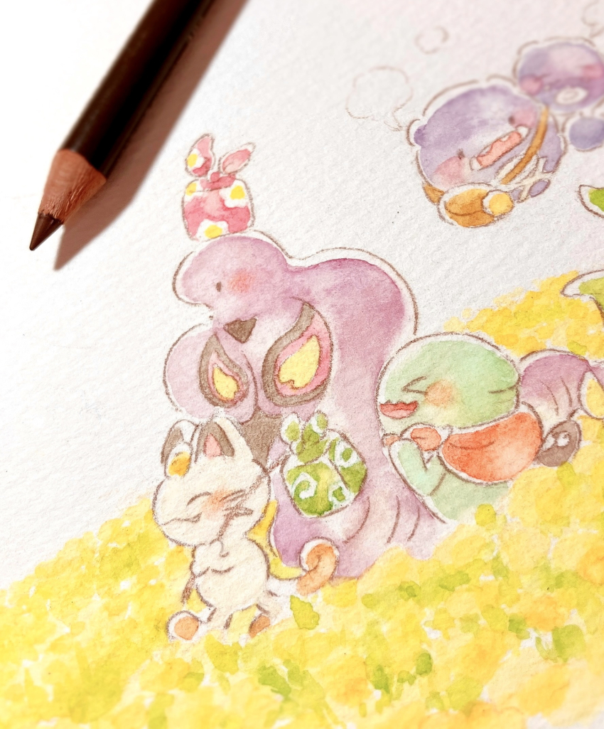 &gt;_&lt; ._. arbok bag_on_head bindle blush blush_stickers brown_bag closed_eyes closed_mouth cloud coin colored_pencil_(medium) commentary_request fangs field floating floral_print flower flower_field from_side gas gen_1_pokemon gen_2_pokemon gold highres holding koban_(gold) meowth multiple_heads nintendo no_humans open_mouth painting_(medium) pokemon pokemon_(anime) pokemon_(classic_anime) pokemon_(creature) pokemon_focus red_bag standing team_rocket teeth traditional_media watercolor_(medium) weezing wobbuffet yellow_flower yukichi_0611