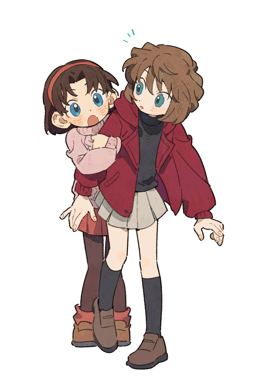 2girls arm_hug black_thighhighs blue_eyes dress full_body haibara_ai hairband highres jacket long_sleeves meitantei_conan minamip multiple_girls multiple_views open_mouth red_hairband shoes short_hair simple_background sweater thighhighs white_background yoshida_ayumi