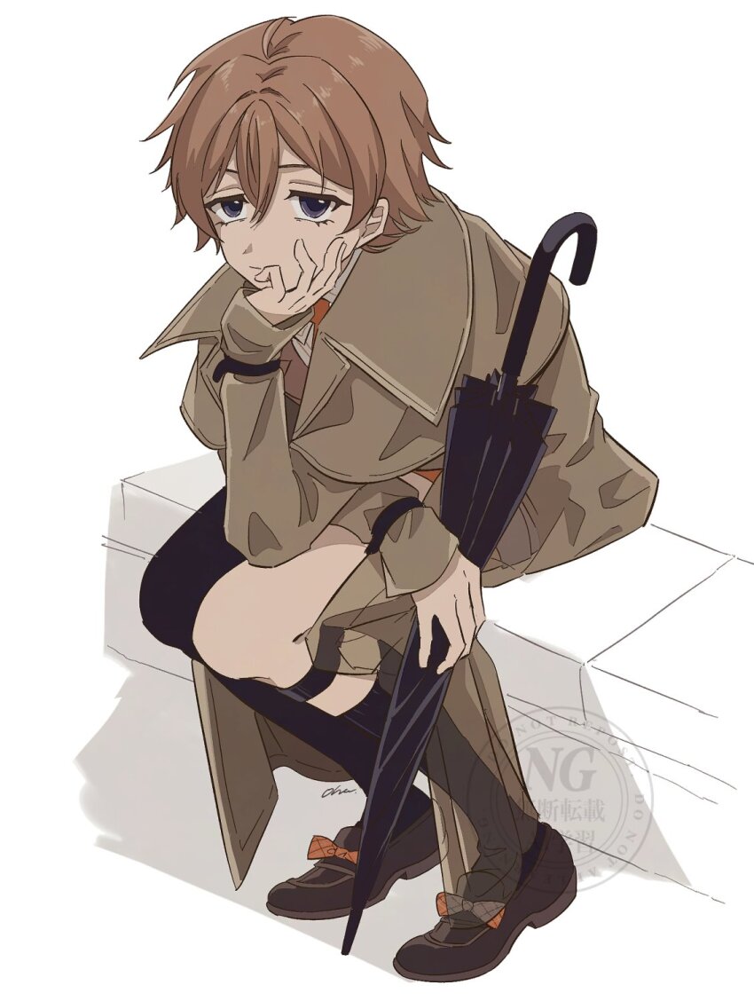 1boy asymmetrical_legwear black_socks black_thighhighs black_umbrella brown_hair brown_shoes coat elbow_on_thigh full_body grey_coat hand_on_own_cheek hand_on_own_face head_rest highres holding holding_umbrella looking_at_viewer male_focus ohuman oliver_fog purple_eyes reverse:1999 shoes short_hair single_sock single_thighhigh sitting socks solo thighhighs umbrella uneven_legwear white_background