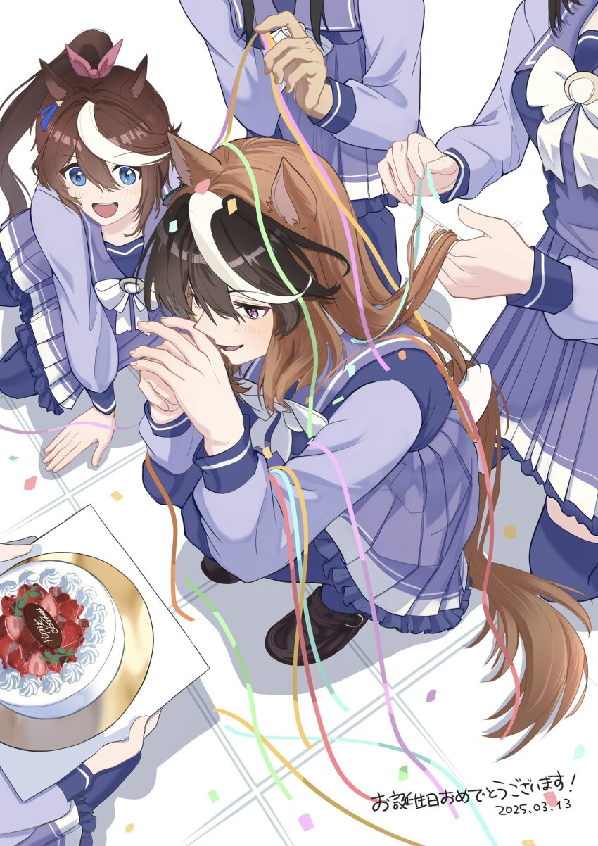 5girls :d animal_ears birthday_cake blue_eyes brown_hair cake character_request check_character commentary dated food from_above hair_between_eyes hair_ribbon happy_birthday high_ponytail highres horse_ears horse_girl horse_tail horseshoe_ornament ka_(page_013) loafers long_hair long_sleeves multicolored_hair multiple_girls open_mouth pink_ribbon pleated_skirt ponytail purple_eyes purple_serafuku purple_shirt purple_skirt purple_thighhighs ribbon sailor_collar sailor_shirt school_uniform serafuku shirt shoes sirius_symboli_(umamusume) skirt smile solo streaked_hair symbol-only_commentary symboli_kris_s_(umamusume) symboli_rudolf_(umamusume) tail thighhighs tokai_teio_(umamusume) tracen_school_uniform two-tone_hair umamusume white_hair