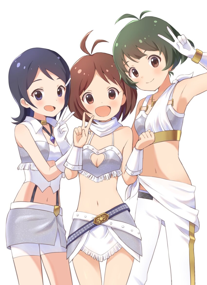 1boy 2girls akizuki_ryo antenna_hair armpits bare_shoulders belt black_belt black_choker blue_belt blue_eyes blue_hair blush bracelet breasts brown_eyes brown_hair buchi_(y0u0ri_) choker cleavage cleavage_cutout clenched_hand closed_mouth clothing_cutout collar cowboy_shot crop_top cropped_jacket cropped_shirt crossdressing dearly_stars_(idolmaster) detached_collar dot_nose gloves gold_bracelet gold_trim green_hair grey_shirt grey_skirt hair_ornament hairclip hands_up hidaka_ai highres idolmaster idolmaster_dearly_stars jacket jewelry layered_skirt loincloth medium_breasts midriff miniskirt mizutani_eri multiple_girls navel necklace o-ring o-ring_top open_clothes open_jacket open_mouth pants pencil_skirt shirt short_hair shorts shorts_under_skirt simple_background skirt sleeveless sleeveless_shirt small_breasts smile standing trap v white_arm_warmers white_background white_collar white_gloves white_jacket white_pants white_shirt white_shorts