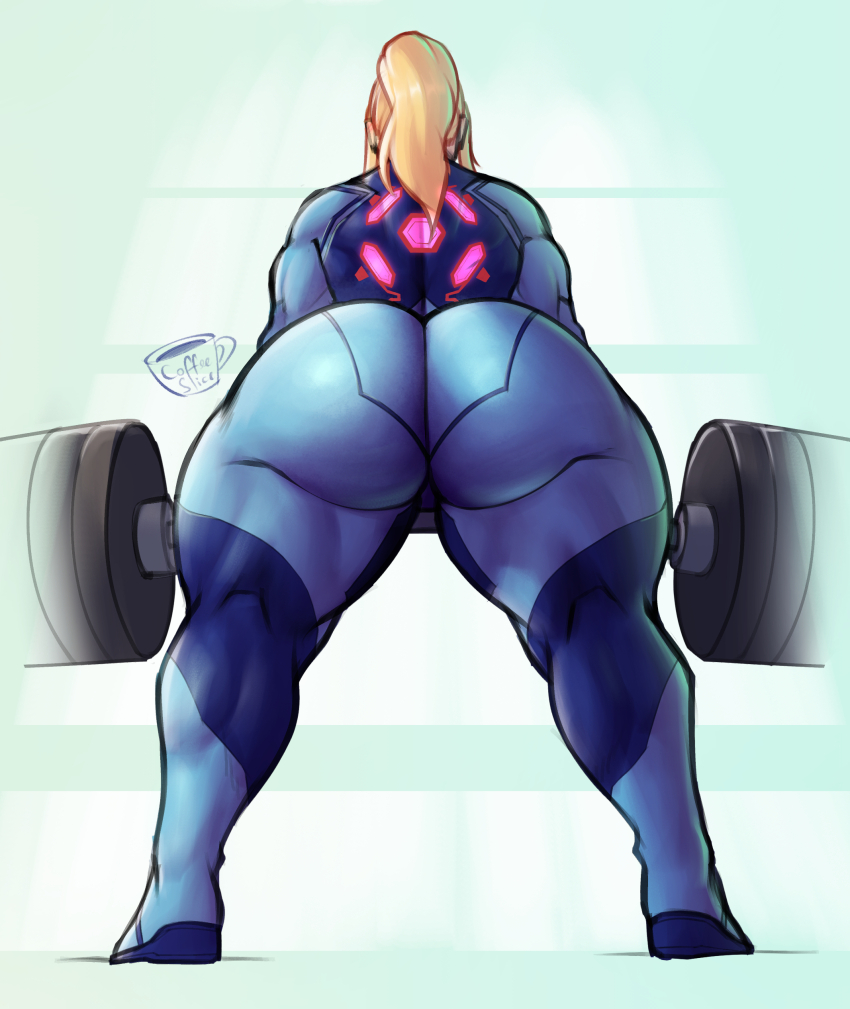 1girl absurdres alternate_ass_size alternate_muscle_size ass barbell blonde_hair blue_bodysuit bodysuit breasts coffeeslice deadlift exercising from_behind full_body highres huge_ass huge_breasts metroid muscular muscular_arms muscular_back muscular_female muscular_legs nintendo ponytail samus_aran skin_tight solo thick_thighs thighs wide_sleeves zero_suit