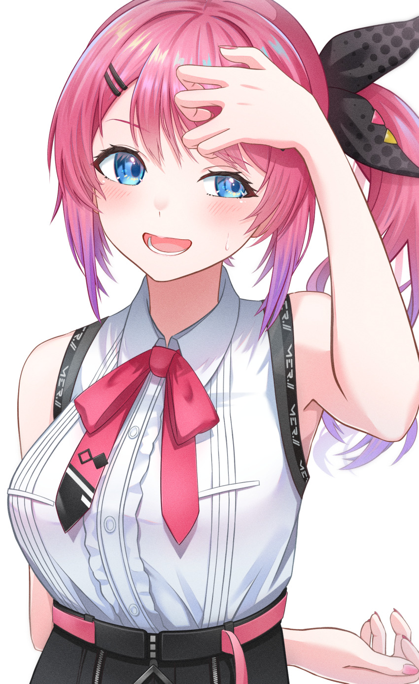 1girl arm_behind_back belt black_ribbon black_shorts blue_eyes blush breasts center_frills collared_shirt fingernails frills gradient_hair hair_ornament hair_ribbon hairclip highres kuramochi_meruto kuramochi_meruto_(1st_costume) large_breasts long_hair looking_to_the_side lower_teeth_only multicolored_hair nail_polish neck_ribbon nijisanji open_mouth pink_belt pink_hair pink_nails pink_ribbon polka_dot polka_dot_ribbon purple_hair ribbon shirt shorts side_ponytail simple_background sleeveless sleeveless_shirt smile solo sonnathing sweat teeth two-tone_hair virtual_youtuber white_background white_shirt