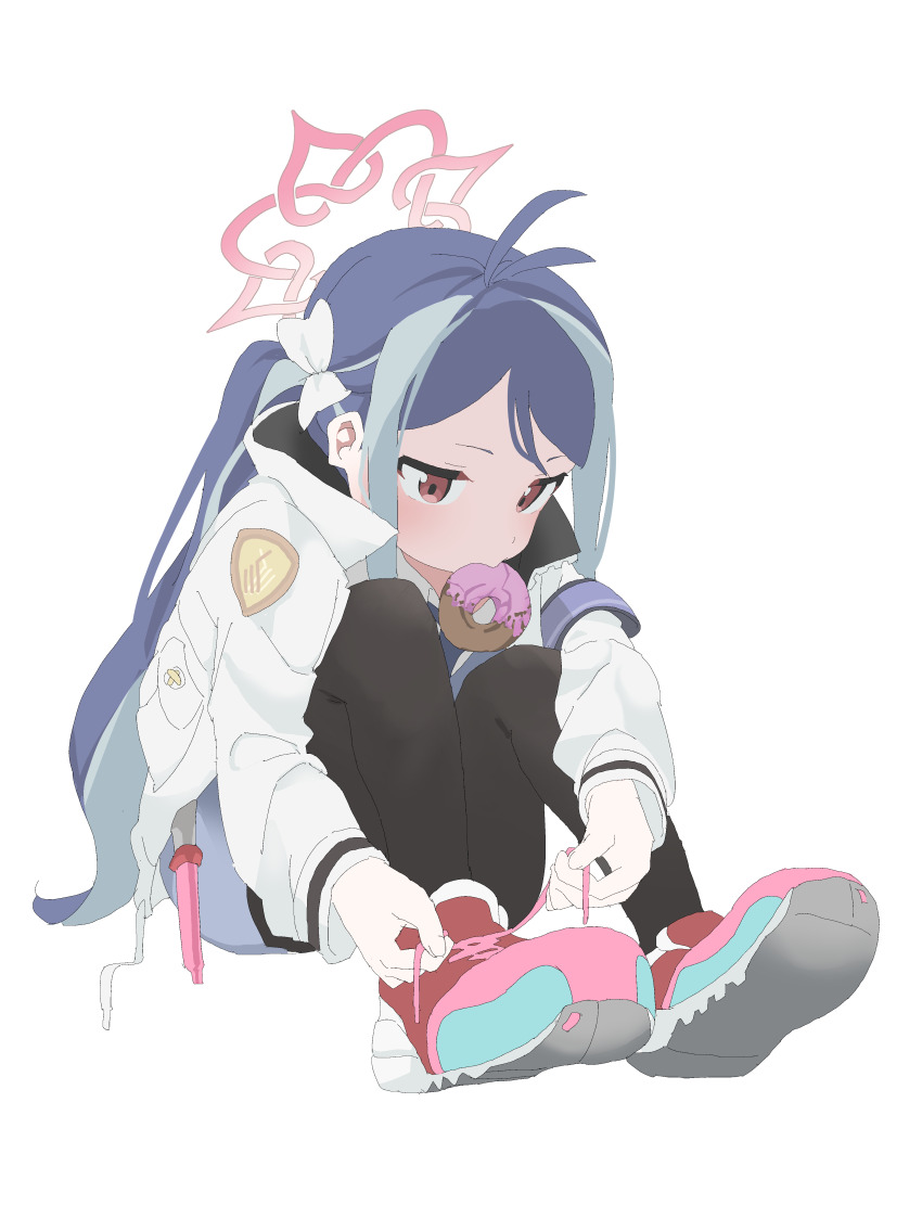 1girl absurdres antenna_hair black_pantyhose blue_archive blue_hair blue_shorts bow commentary donut food fubuki_(blue_archive) fuyubone grey_hair hair_bow halo highres jacket knees_up long_hair mouth_hold multicolored_hair pantyhose pantyhose_under_shorts red_eyes shoes shorts simple_background sitting sneakers solo two-tone_hair tying_footwear very_long_hair white_background white_bow white_jacket