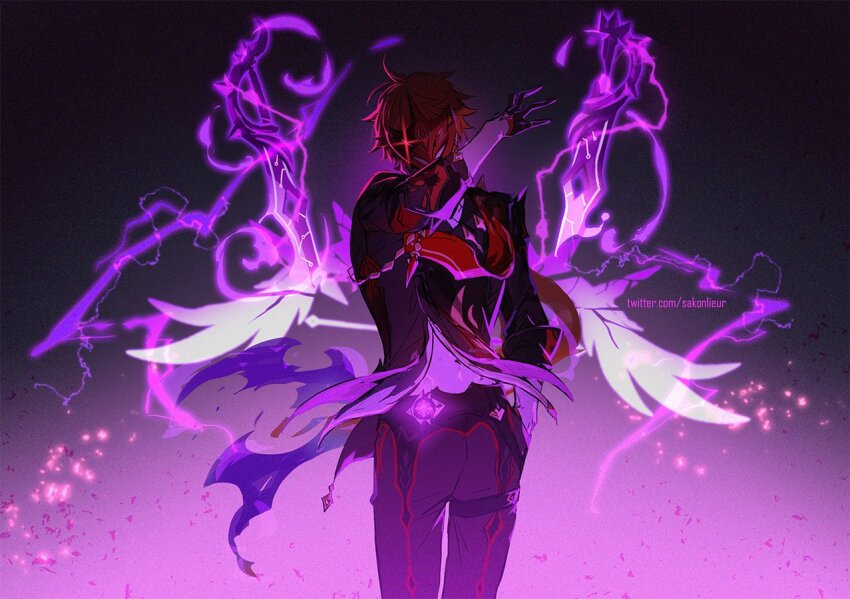1boy ahoge arm_up black_gloves cape commentary cowboy_shot delusion_(genshin_impact) electricity energy floating floating_object floating_weapon genshin_impact gloves glowing glowing_eye gradient_background gradient_cape grey_jacket grey_pants half_gloves hand_in_pocket jacket long_sleeves male_focus mask navel orange_hair pants purple_background purple_cape red_cape red_eyes red_mask sakon04 short_hair simple_background sleeves_rolled_up solo standing stomach sword symbol-only_commentary tartaglia_(delusion)_(genshin_impact) tartaglia_(genshin_impact) thigh_strap weapon