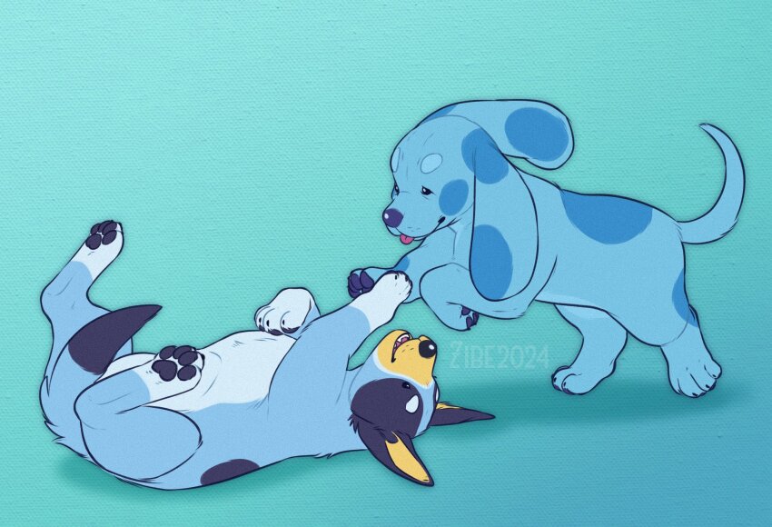 2girls animal animal_ears artist_name blue&#039;s_clues blue_(blue&#039;s_clues) blue_background bluey bluey_heeler commentary dog dog_ears dog_girl dog_tail english_commentary fangs highres looking_at_another lying multiple_girls nayuki910 on_back open_mouth pawpads playing pouncing smile tail tongue tongue_out