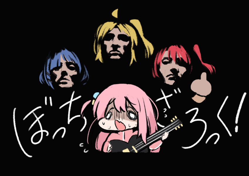 0_0 4girls ahoge black_background blonde_hair blue_hair bocchi_the_rock! bohemian_rhapsody copyright_name detached_ahoge flying_sweatdrops gotoh_hitori guitar head_only holding holding_guitar holding_instrument ijichi_nijika instrument jacket kita_ikuyo looking_at_viewer middle_finger multiple_girls nervous one_side_up pink_hair pink_jacket queen_(band) red_hair sankyaku_tako simple_background sweat track_jacket wavy_mouth yamada_ryo